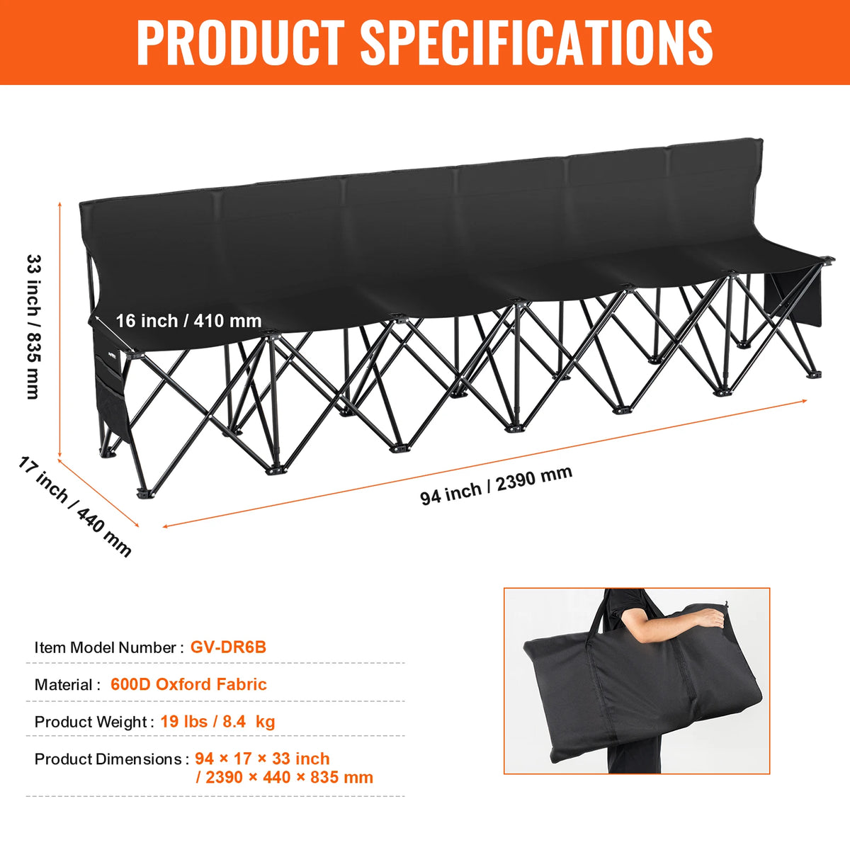SucceBuy 6/8 Seat Foldable Sideline Bench Outdoor Camping Bench Chair with Bag & Backrest Team Sport Sideline Bench