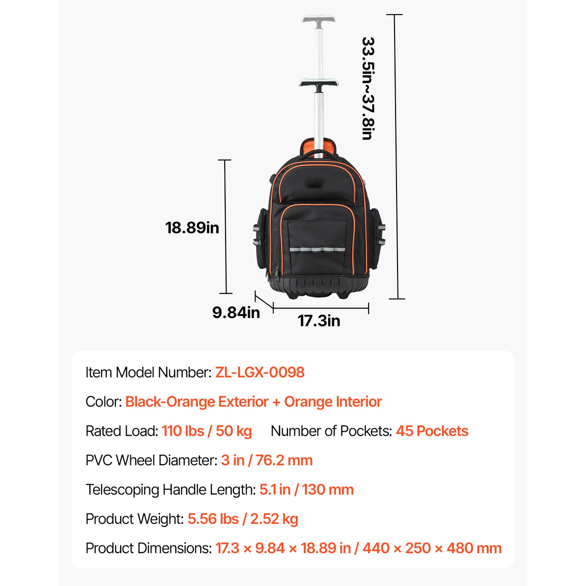 SucceBuy 110lbs Rolling Tool Backpack 14/15in Roller Tool Bag on Wheels with 45/72 Pockets Toolbag Organizers for Mechanic Tools