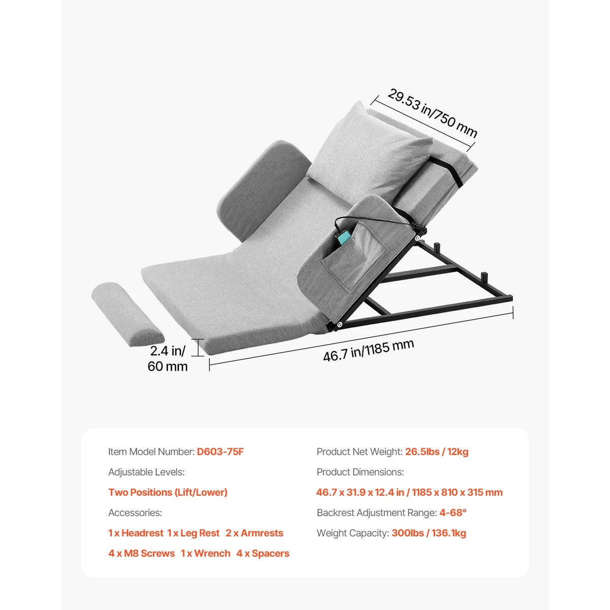 SucceBuy Electric Adjustable Bed Backrest With Guardrail Armrest
