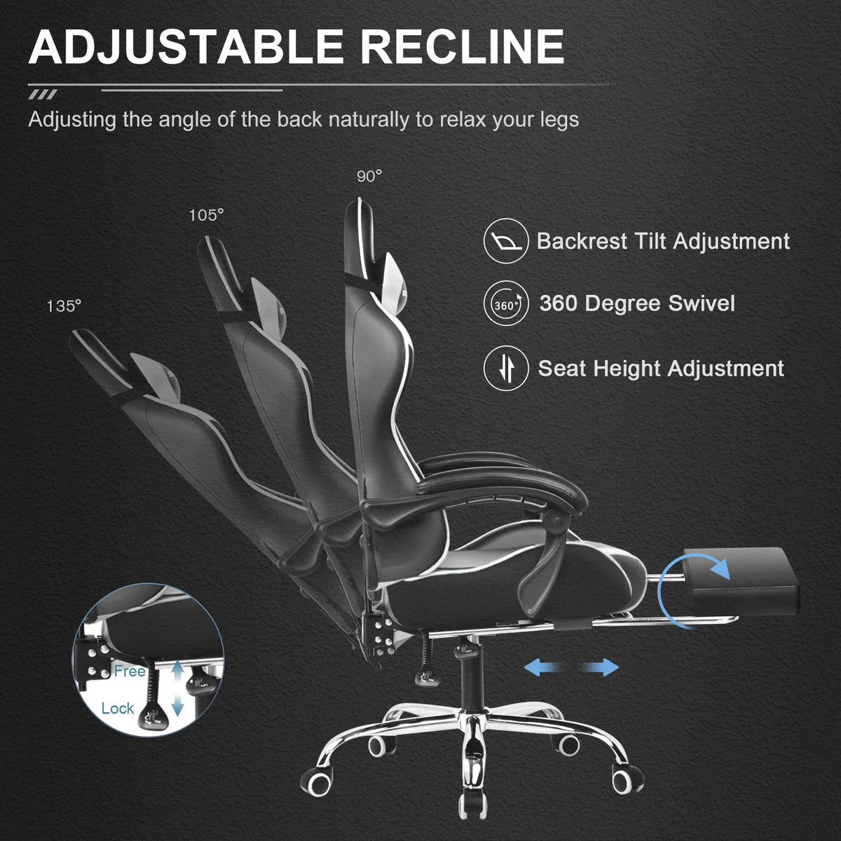 GTPLAYER Gaming Chair with Footrest, Lumbar Support, Adjustable Height, Swivel Seat, Headrest for Office or Gaming