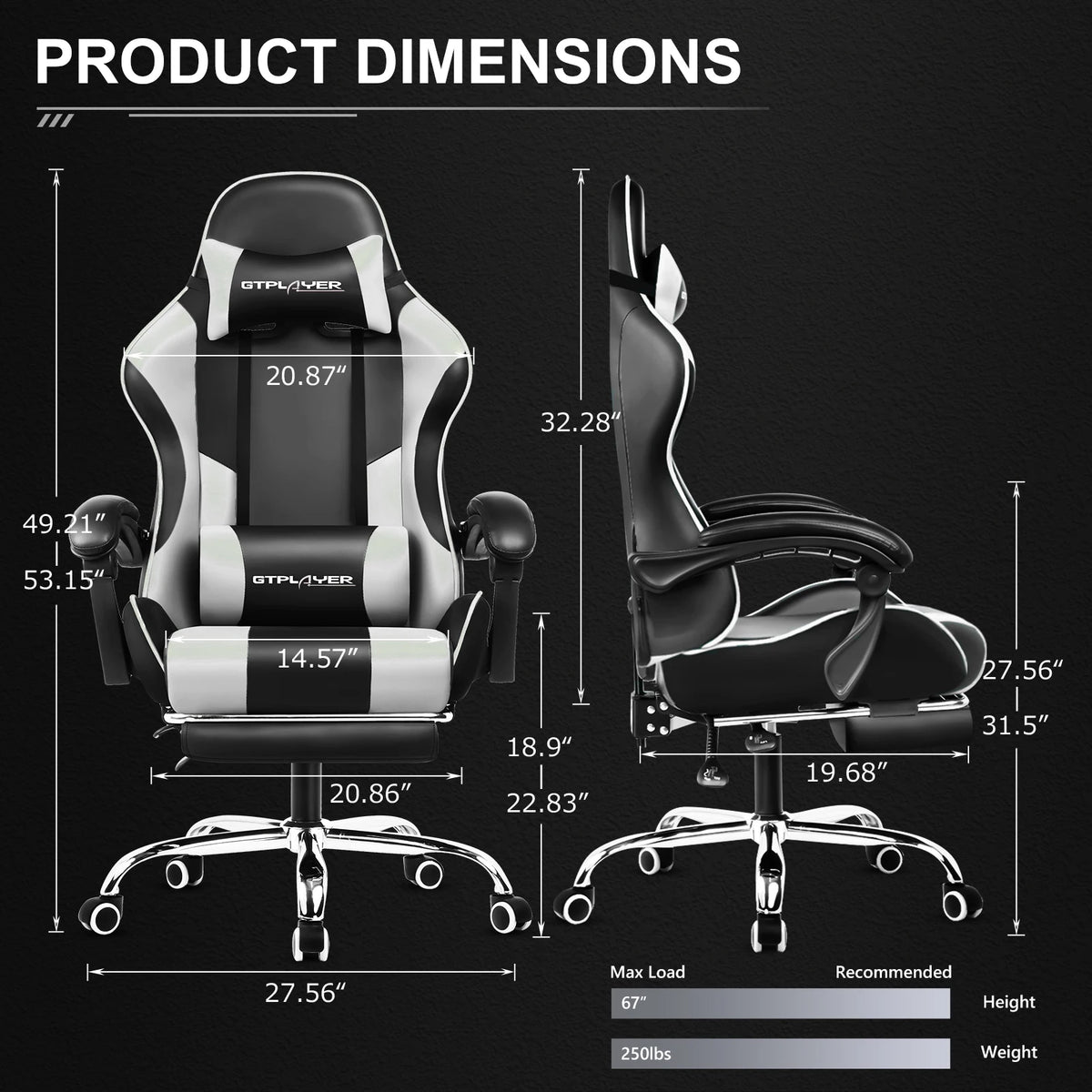 GTPLAYER Gaming Chair with Footrest, Lumbar Support, Adjustable Height, Swivel Seat, Headrest for Office or Gaming