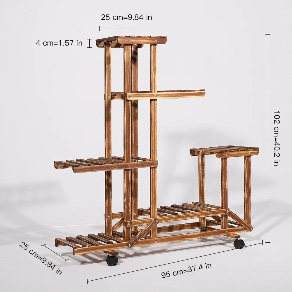 Wisfor Five Tier Wooden Plant Stand With Rolling Wheels