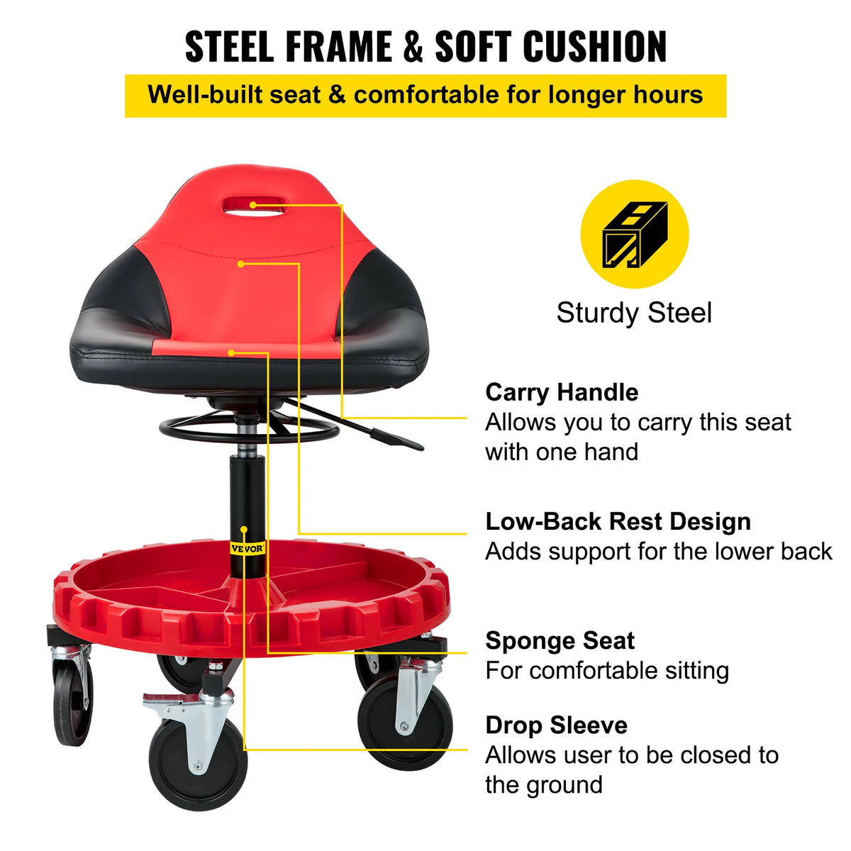 SucceBuy Rolling Garage Stool 300 LBS Capacity 21"-26" Adjustable Height Range Mechanic Seat with Swivel Casters and Tool Tray