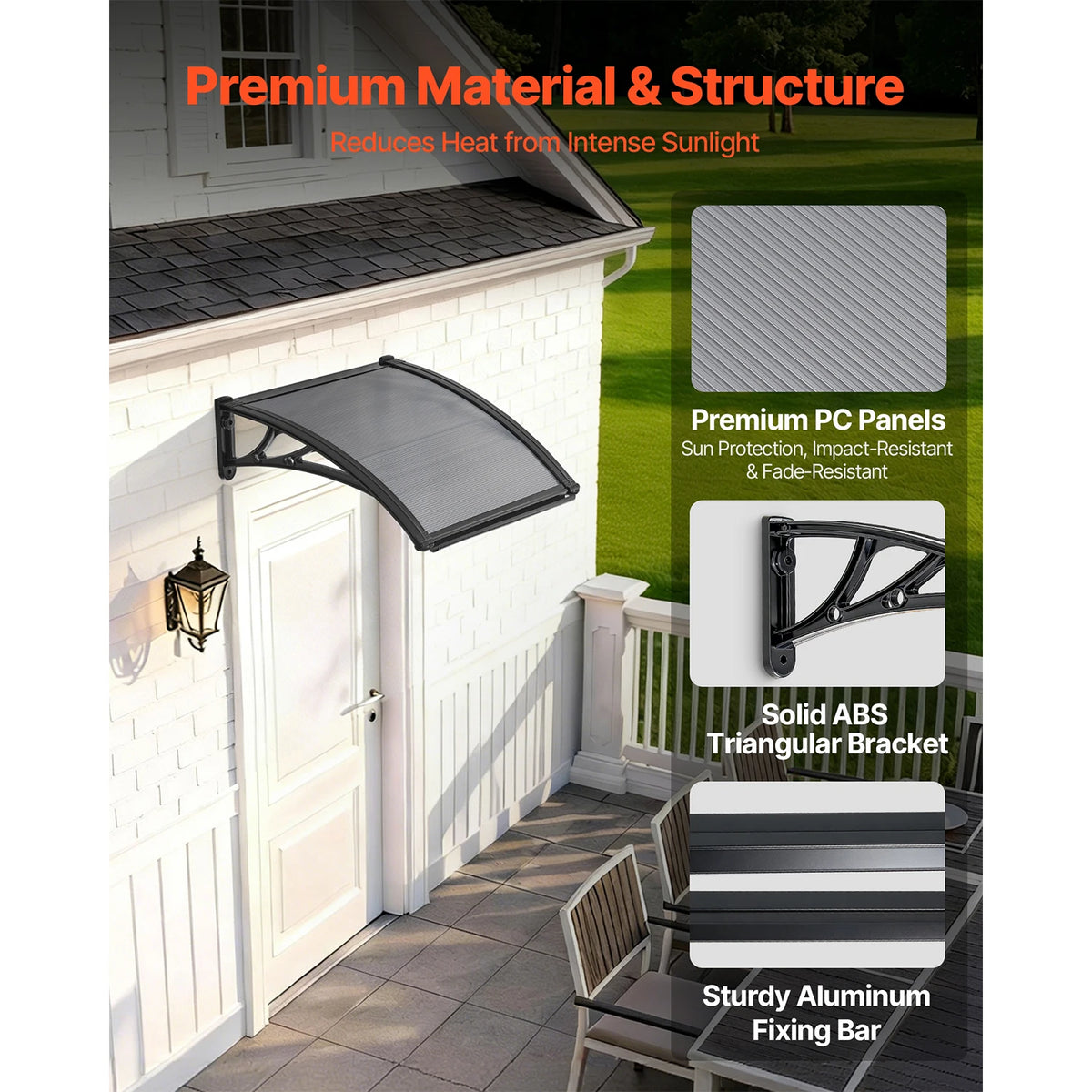 SucceBuy Awnings for Door Entrance Drainage & ABS Bracket Rain Snow Sun Protection Overhang Polycarbonate Door Canopy Gray/Brown