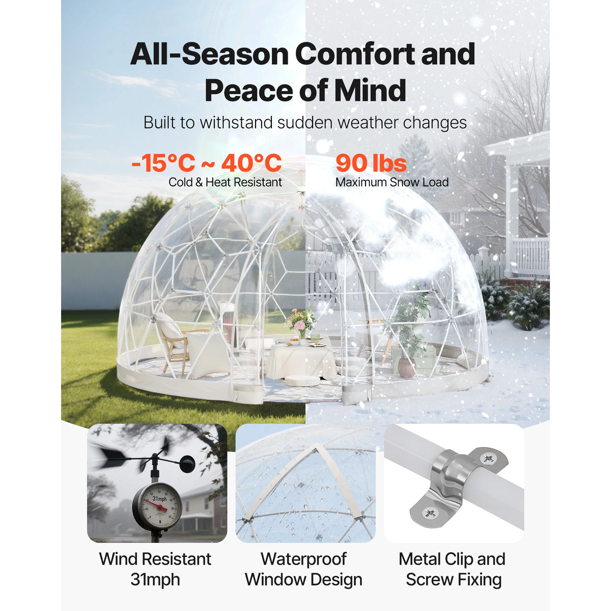 SucceBuy Garden Dome Tent Weatherproof Geodesic Dome Greenhouse with Window PVC Igloo Tents for Backyard Patios Camping Party