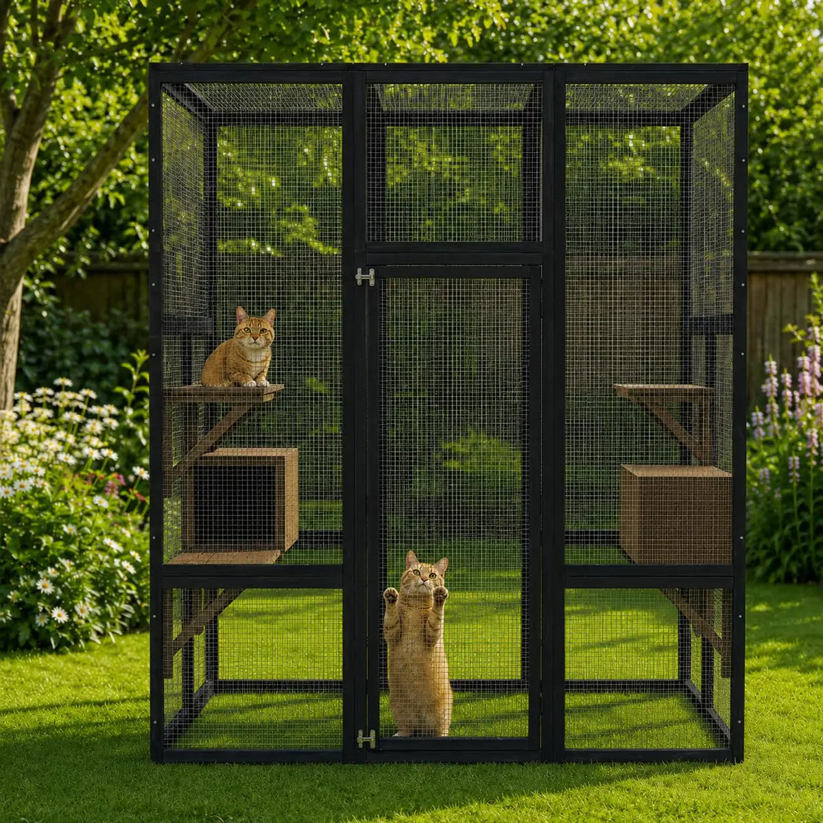 HiMISS Outdoor Wooden Catio Cat Enclosure With Climbing Platforms