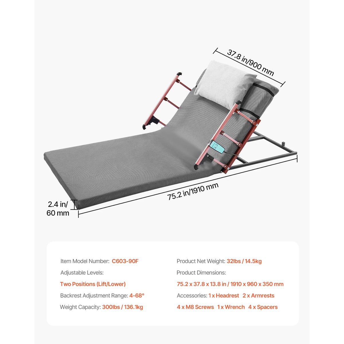SucceBuy Electric Adjustable Bed Backrest With Guardrail Armrest