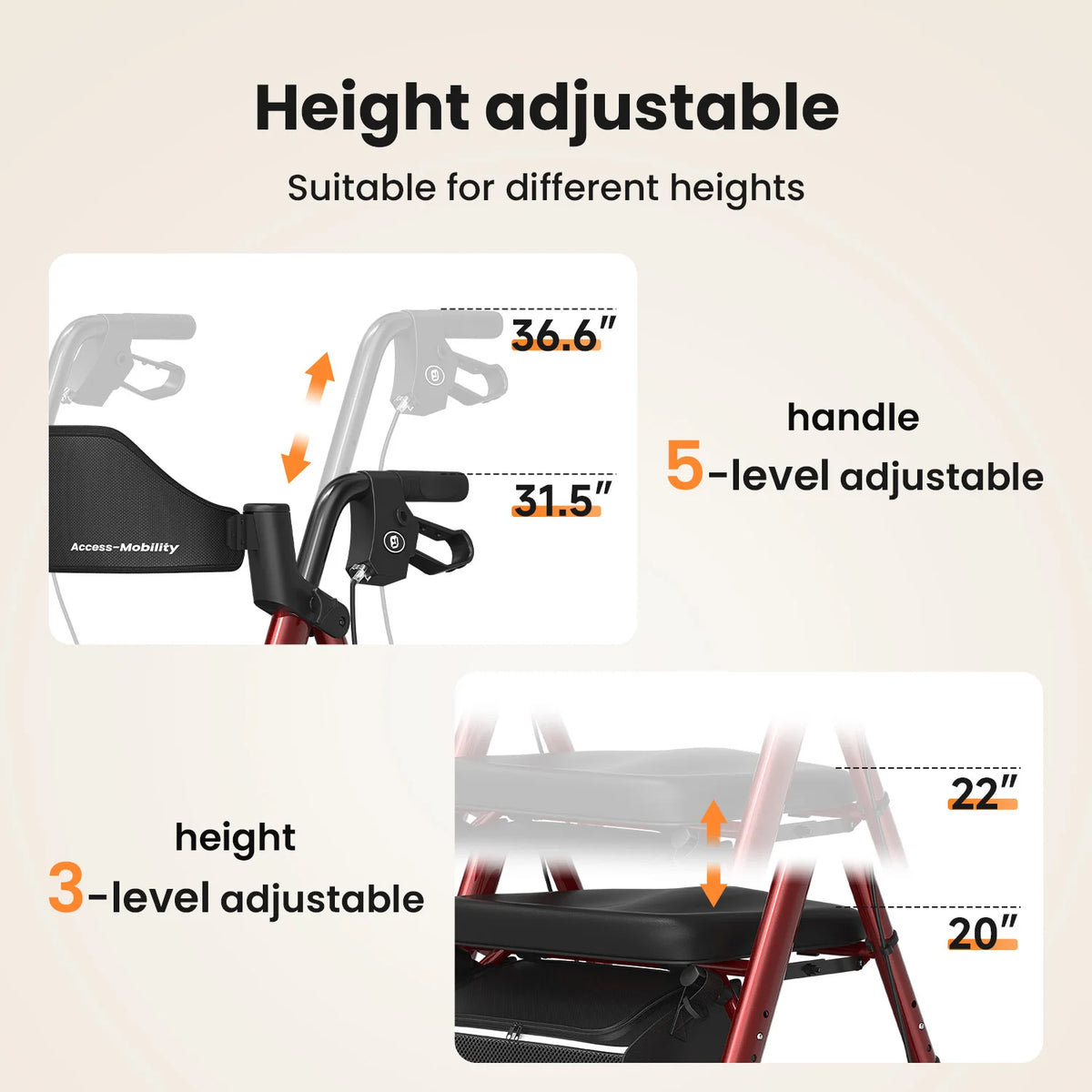 MaiDeSiTe Elderly Walker Foldable with Seat Durable Steel Frame 8-Inch Large Wheels for Mobility Aid