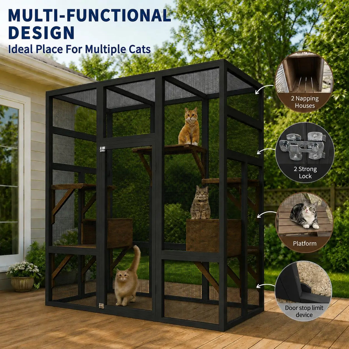 HiMISS Outdoor Wooden Catio Cat Enclosure With Climbing Platforms