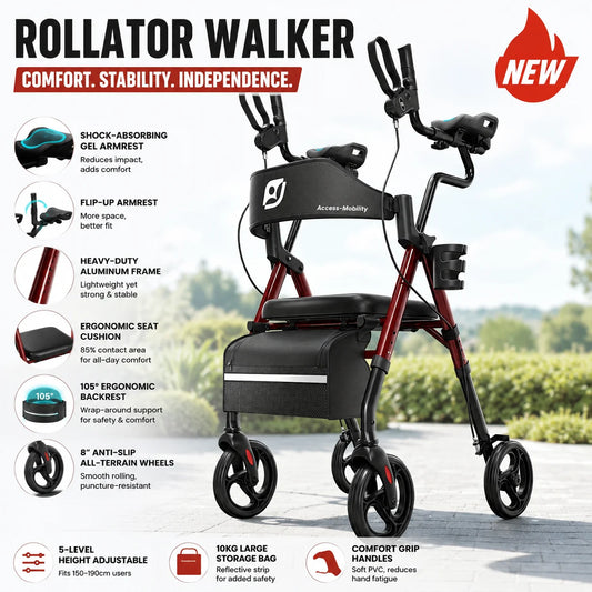 Upright Walker with PU Padded Seat and Backrest, Stand-Up Rollator for Seniors, Foldable Walker with Seat, Seat Size: 10*12