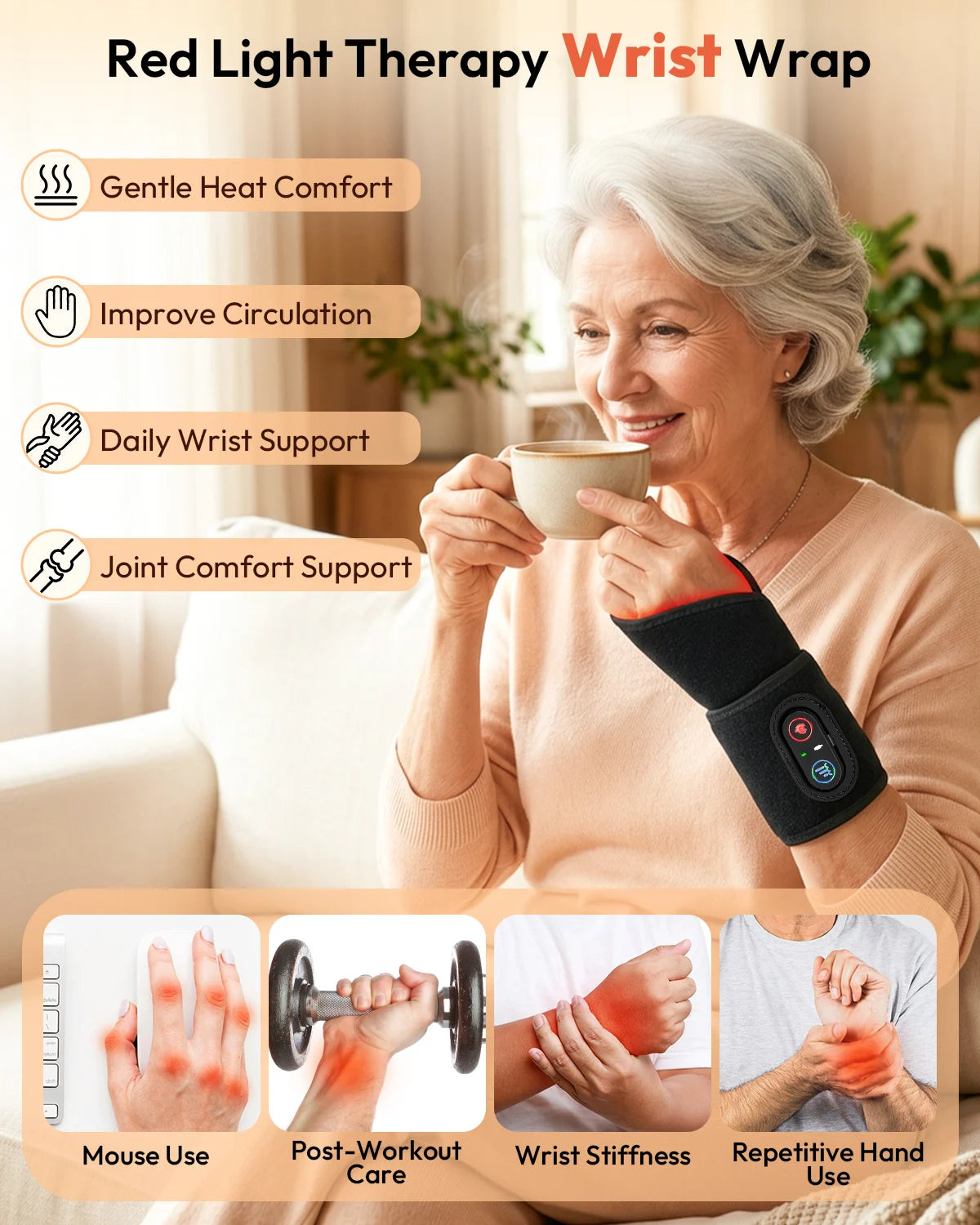 Cordless Red Light Therapy Wrist Wrap, Rechargeable 660nm/850nm Infrared Pluse Pad, 96 LEDs Dual-Wavelength Light Therapy for Wrist Arm Lag Calf