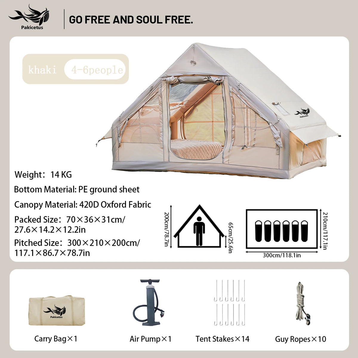 PAKICETUS Large Luxury Inflatable Glamping Tent with Manual Hand Pump, Easy Setup 4 Season Anti-Snow Spacious Family Shelter, Weatherproof Air Tent for Outdoor Camping, Backyard Party & Wilderness Adventure