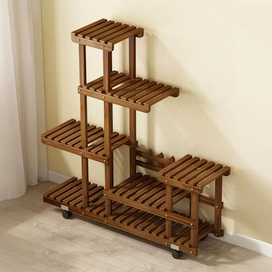Wisfor Five Tier Wooden Plant Stand With Rolling Wheels
