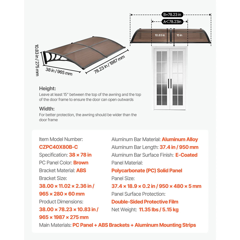 SucceBuy Awnings for Door Entrance Drainage & ABS Bracket Rain Snow Sun Protection Overhang Polycarbonate Door Canopy Gray/Brown
