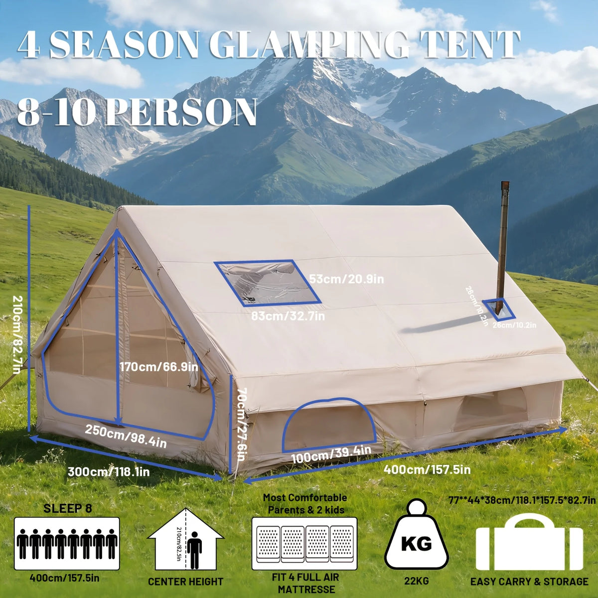 Inflatable Camping Tent With Skylight, Breathable Mesh And Quick Setup