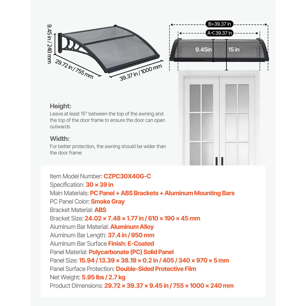 SucceBuy Awnings for Door Entrance Drainage & ABS Bracket Rain Snow Sun Protection Overhang Polycarbonate Door Canopy Gray/Brown