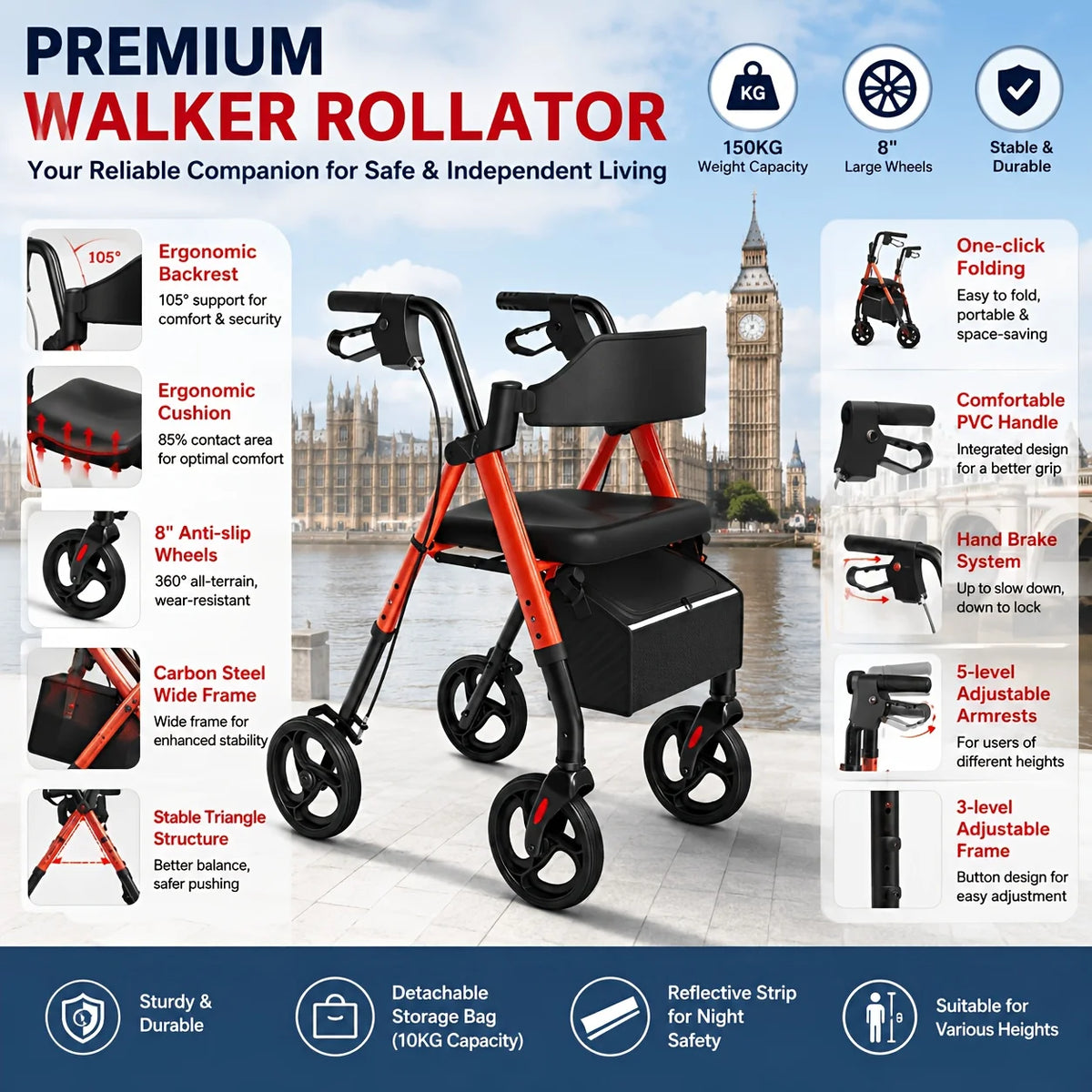 MaiDeSiTe Elderly Walker Foldable with Seat Durable Steel Frame 8-Inch Large Wheels for Mobility Aid