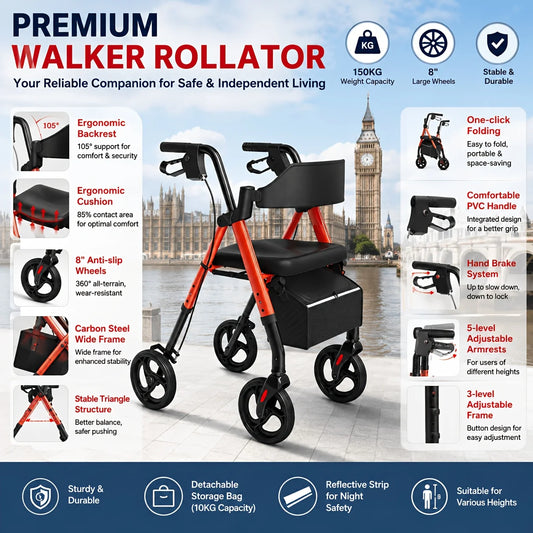 MaiDeSiTe Elderly Walker Foldable with Seat Durable Steel Frame 8-Inch Large Wheels for Mobility Aid