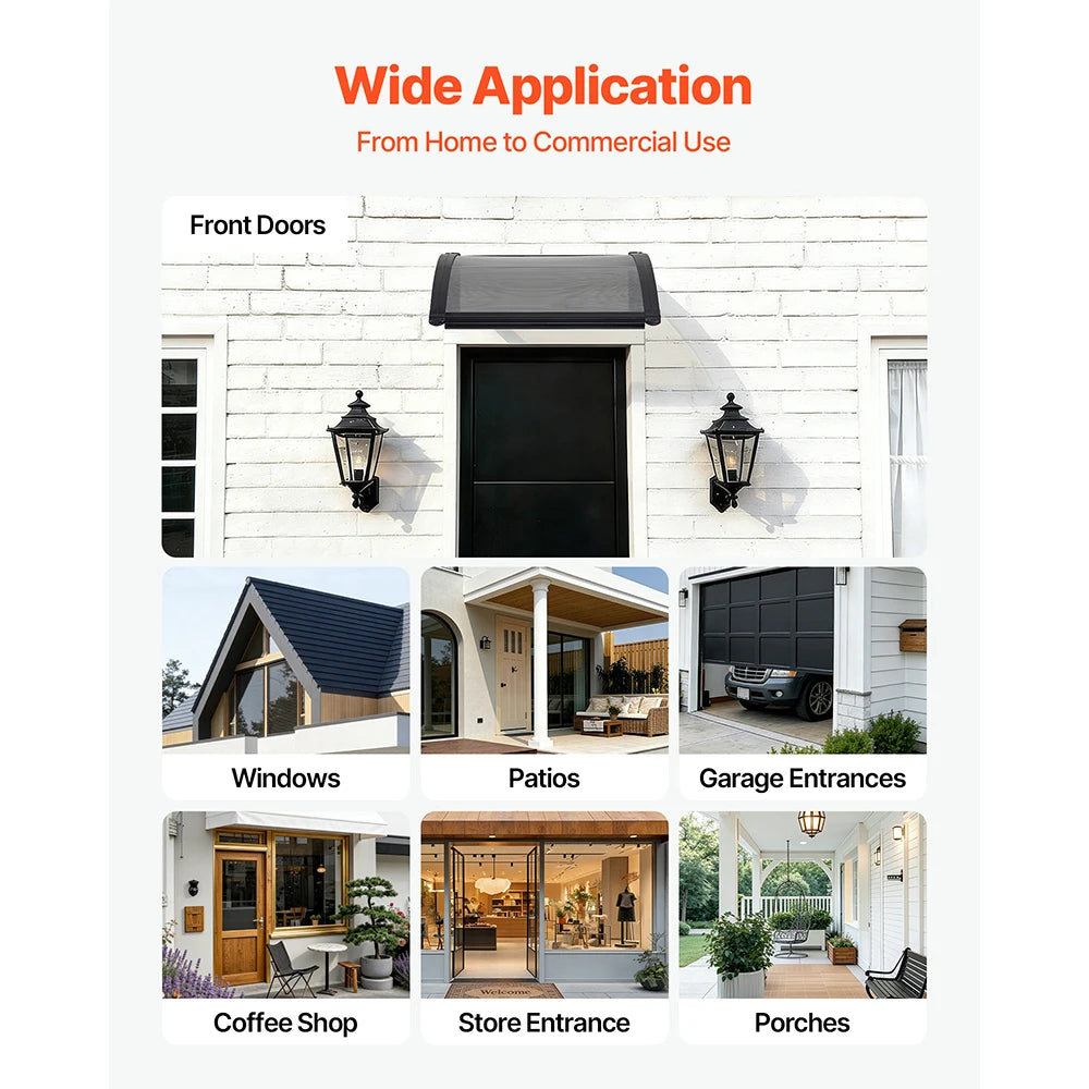SucceBuy Awnings for Door Entrance Drainage & ABS Bracket Rain Snow Sun Protection Overhang Polycarbonate Door Canopy Gray/Brown