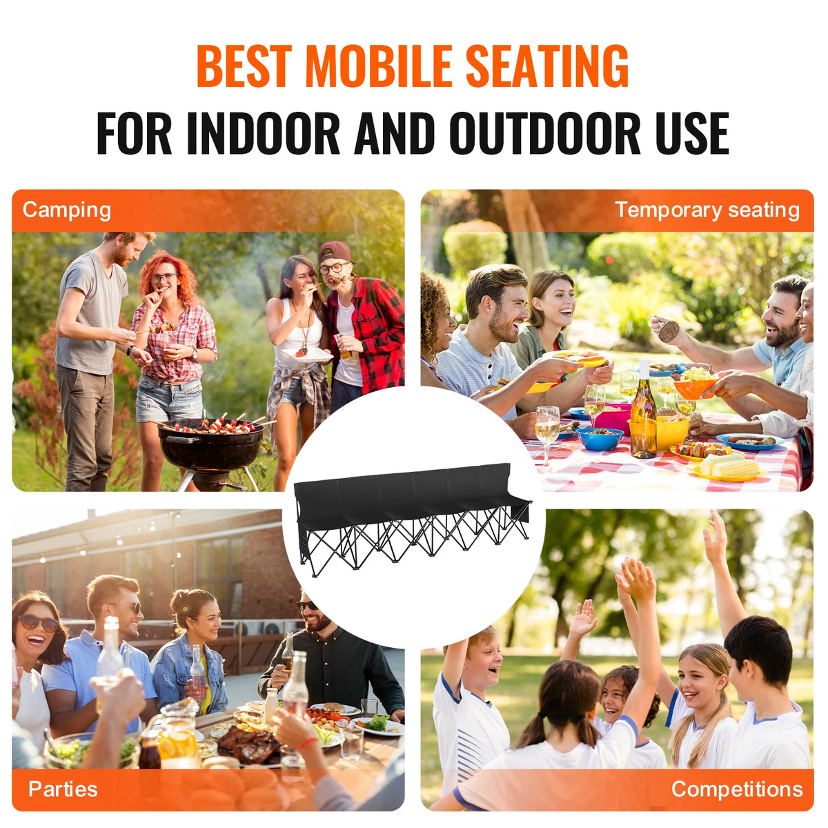 SucceBuy 6/8 Seat Foldable Sideline Bench Outdoor Camping Bench Chair with Bag & Backrest Team Sport Sideline Bench