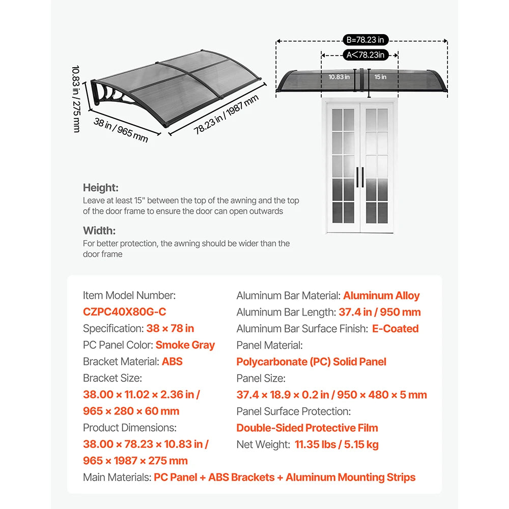 SucceBuy Awnings for Door Entrance Drainage & ABS Bracket Rain Snow Sun Protection Overhang Polycarbonate Door Canopy Gray/Brown