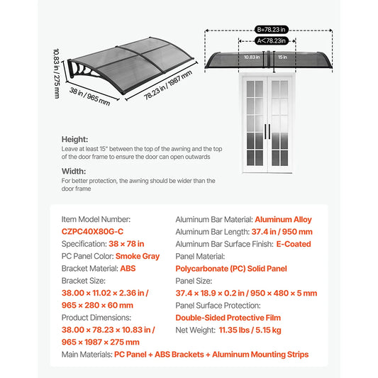 SucceBuy Awnings for Door Entrance Drainage & ABS Bracket Rain Snow Sun Protection Overhang Polycarbonate Door Canopy Gray/Brown