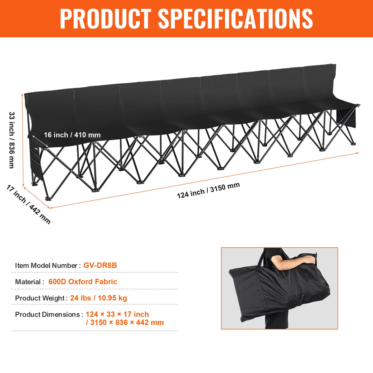 SucceBuy 6/8 Seat Foldable Sideline Bench Outdoor Camping Bench Chair with Bag & Backrest Team Sport Sideline Bench