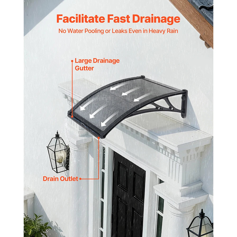 SucceBuy Awnings for Door Entrance Drainage & ABS Bracket Rain Snow Sun Protection Overhang Polycarbonate Door Canopy Gray/Brown