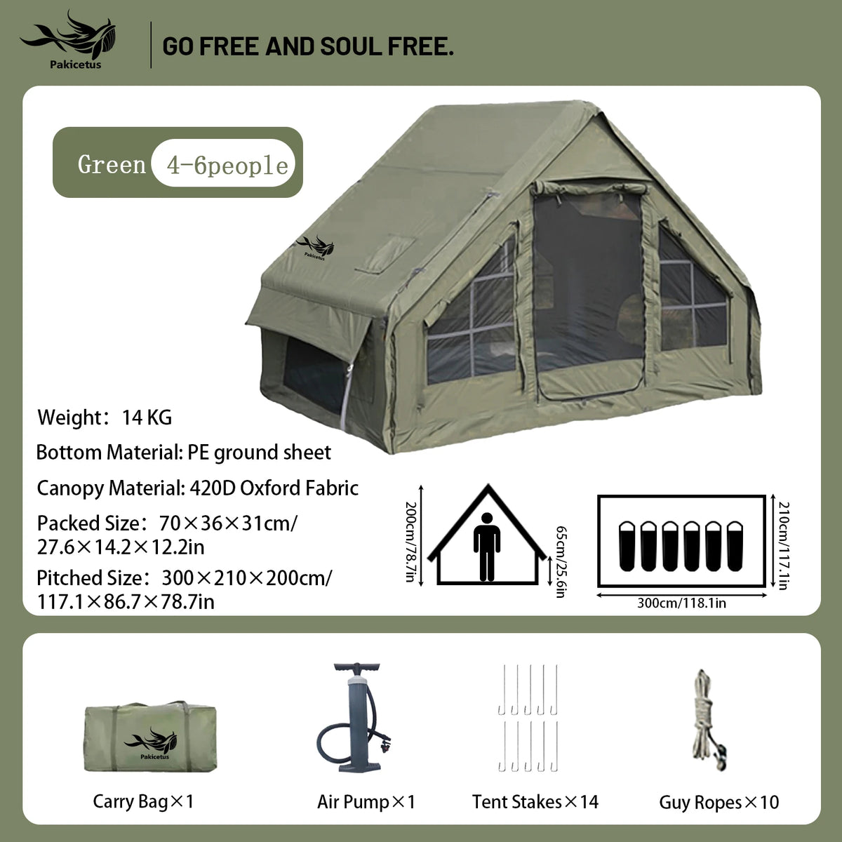 PAKICETUS Large Luxury Inflatable Glamping Tent with Manual Hand Pump, Easy Setup 4 Season Anti-Snow Spacious Family Shelter, Weatherproof Air Tent for Outdoor Camping, Backyard Party & Wilderness Adventure