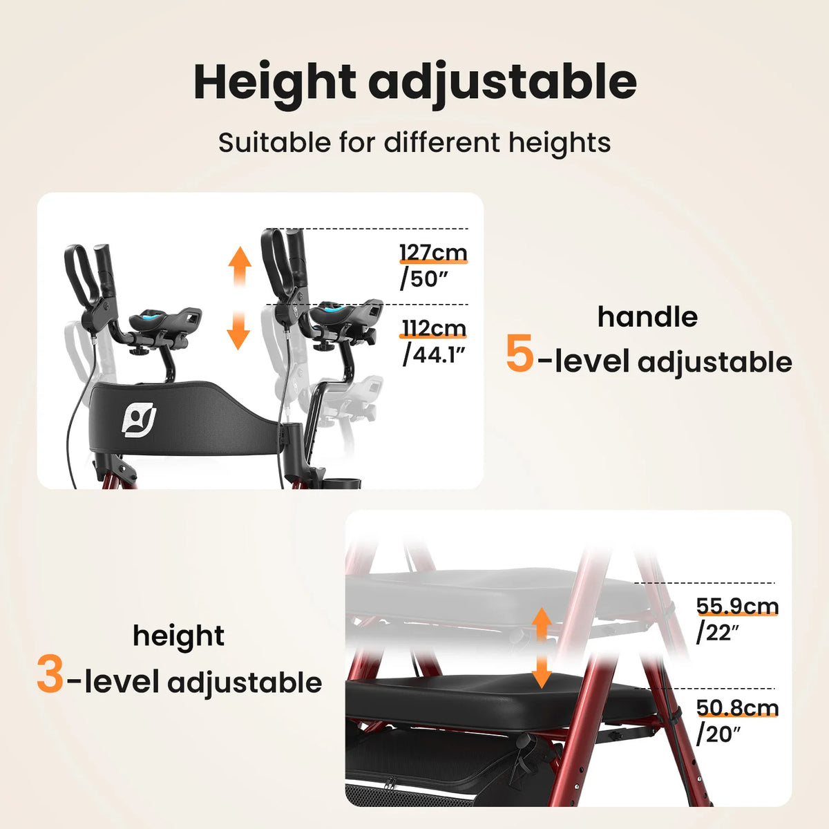Upright Walker with PU Padded Seat and Backrest, Stand-Up Rollator for Seniors, Foldable Walker with Seat, Seat Size: 10*12