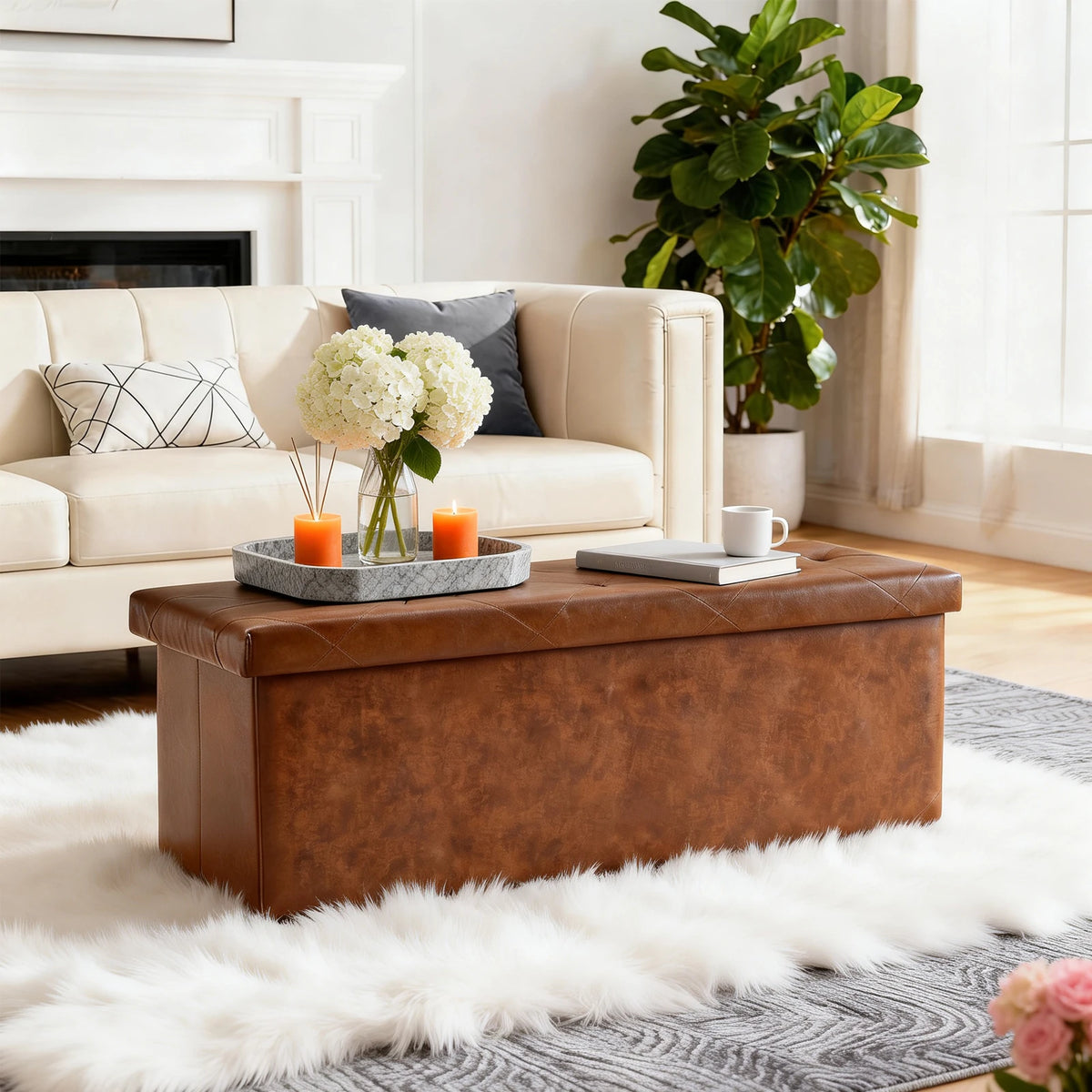 SARENZOON Faux Leather Folding Storage Ottoman Bench
