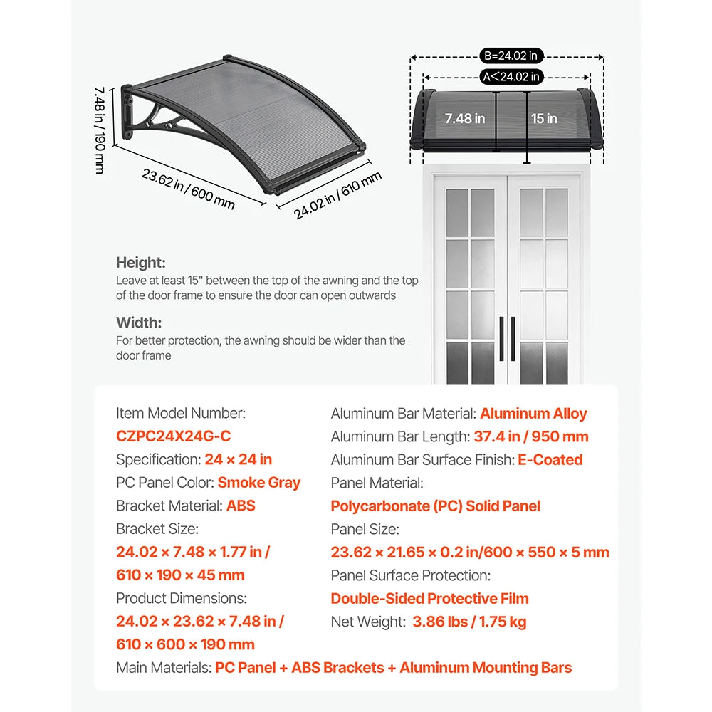 SucceBuy Awnings for Door Entrance Drainage & ABS Bracket Rain Snow Sun Protection Overhang Polycarbonate Door Canopy Gray/Brown