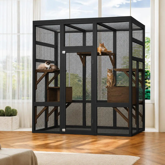 HiMISS Outdoor Wooden Catio Cat Enclosure With Climbing Platforms
