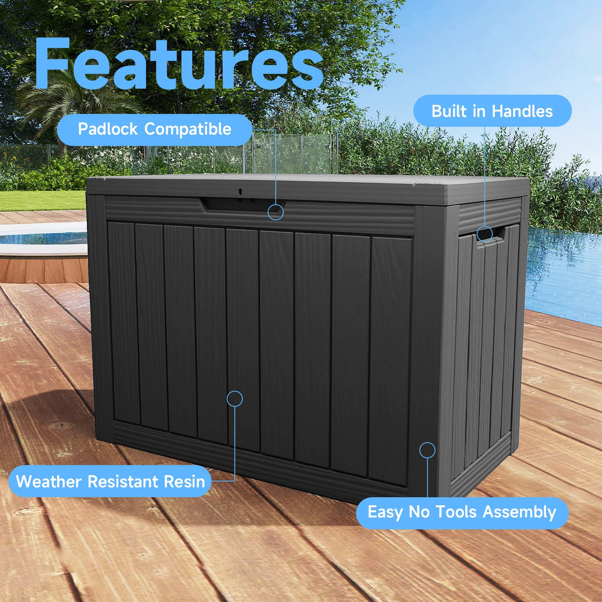 Waterproof Lockable Outdoor Resin Deck Storage Box For Patio Furniture