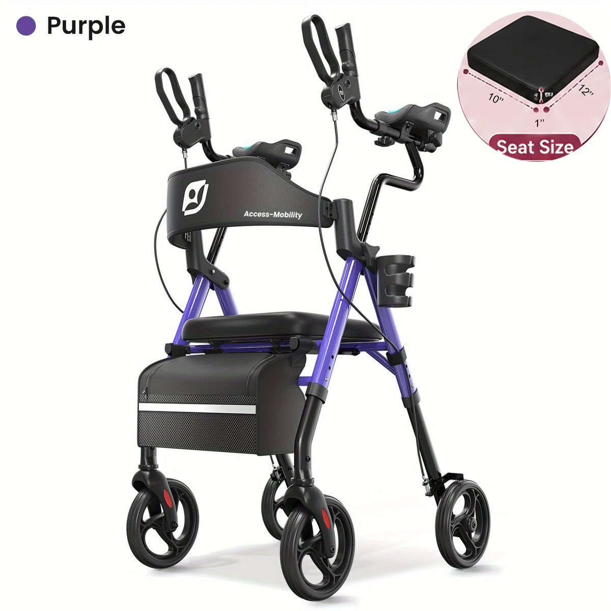 Upright Walker with PU Padded Seat and Backrest, Stand-Up Rollator for Seniors, Foldable Walker with Seat, Seat Size: 10*12