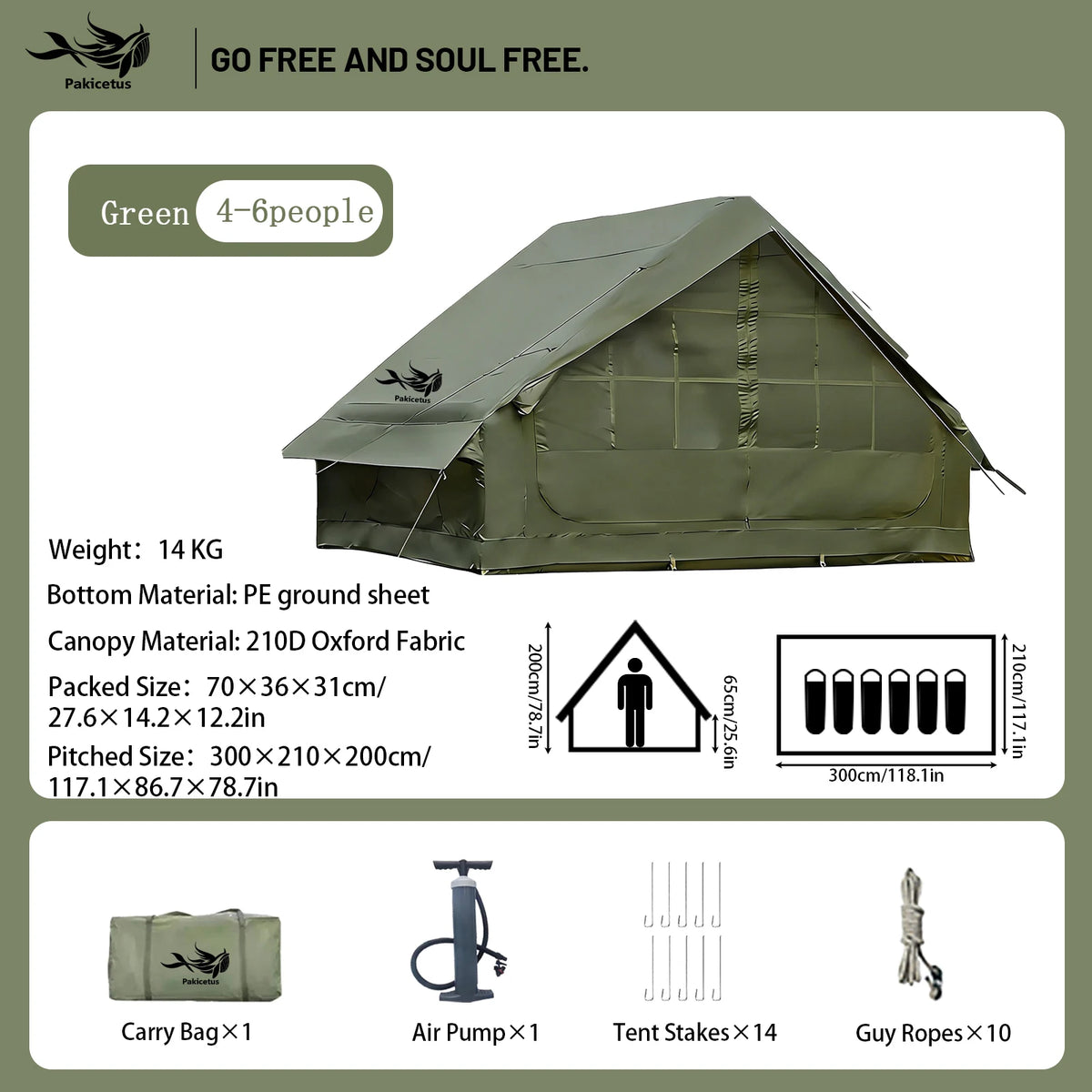 PAKICETUS Large Luxury Inflatable Glamping Tent with Manual Hand Pump, Easy Setup 4 Season Anti-Snow Spacious Family Shelter, Weatherproof Air Tent for Outdoor Camping, Backyard Party & Wilderness Adventure