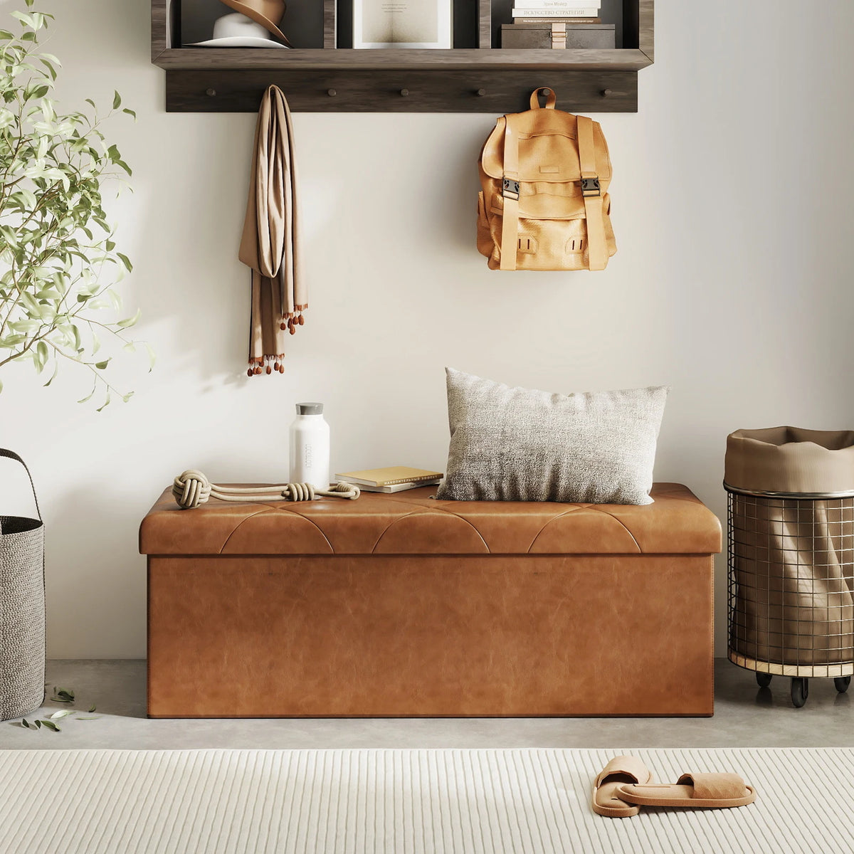 SARENZOON Faux Leather Folding Storage Ottoman Bench