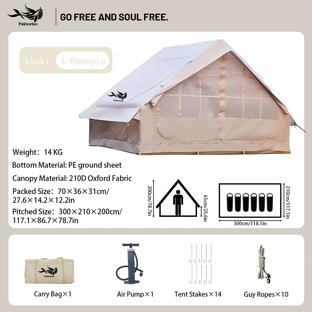 PAKICETUS Large Luxury Inflatable Glamping Tent with Manual Hand Pump, Easy Setup 4 Season Anti-Snow Spacious Family Shelter, Weatherproof Air Tent for Outdoor Camping, Backyard Party & Wilderness Adventure