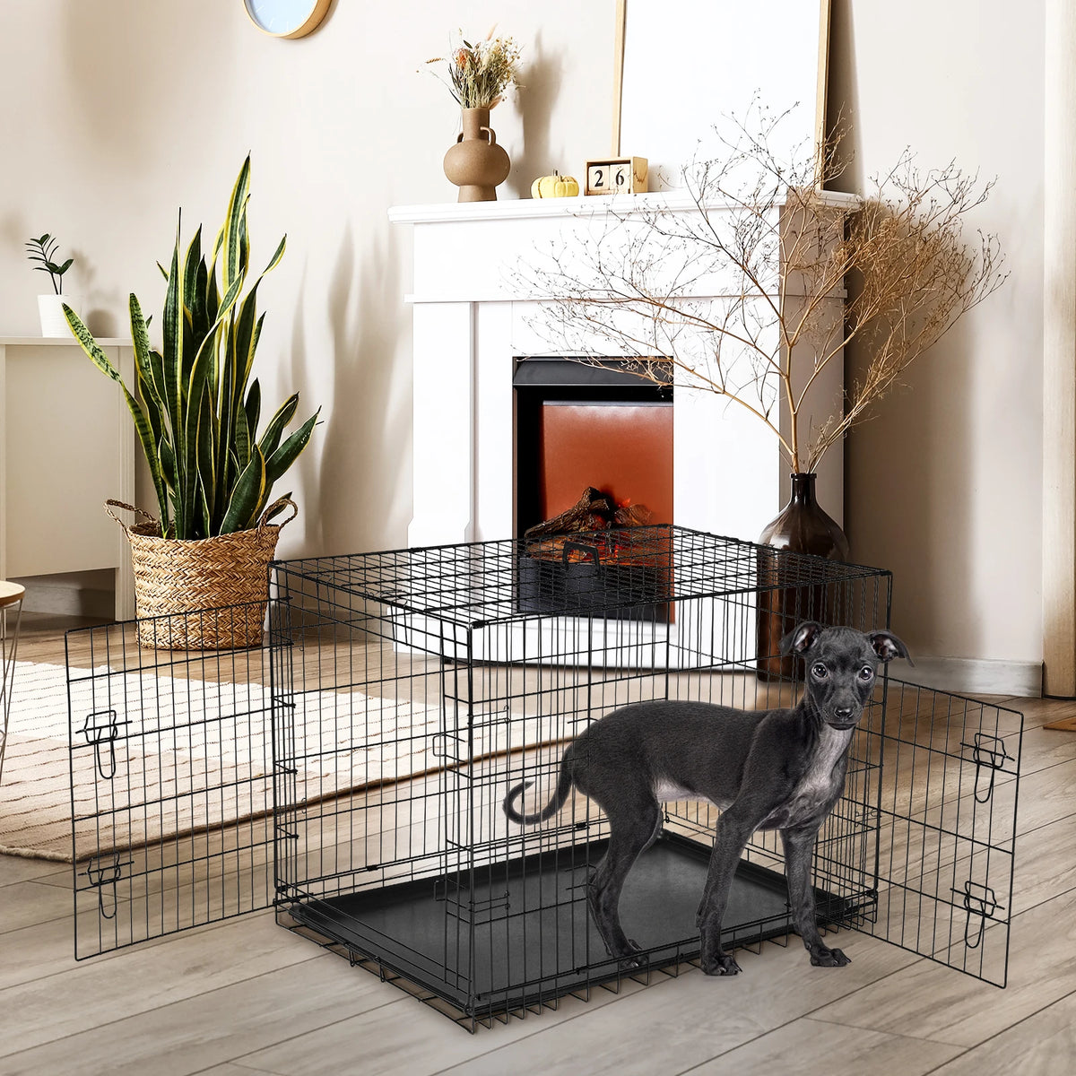 JHK Double Door Metal Wire Dog Cage With Leakproof Pan