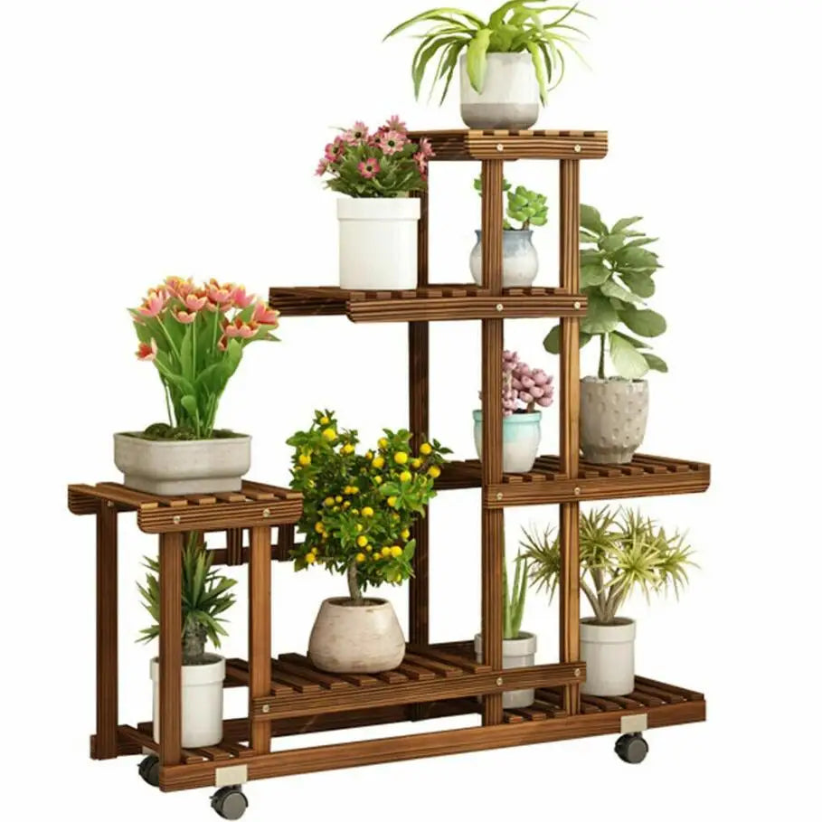 Wisfor Five Tier Wooden Plant Stand With Rolling Wheels