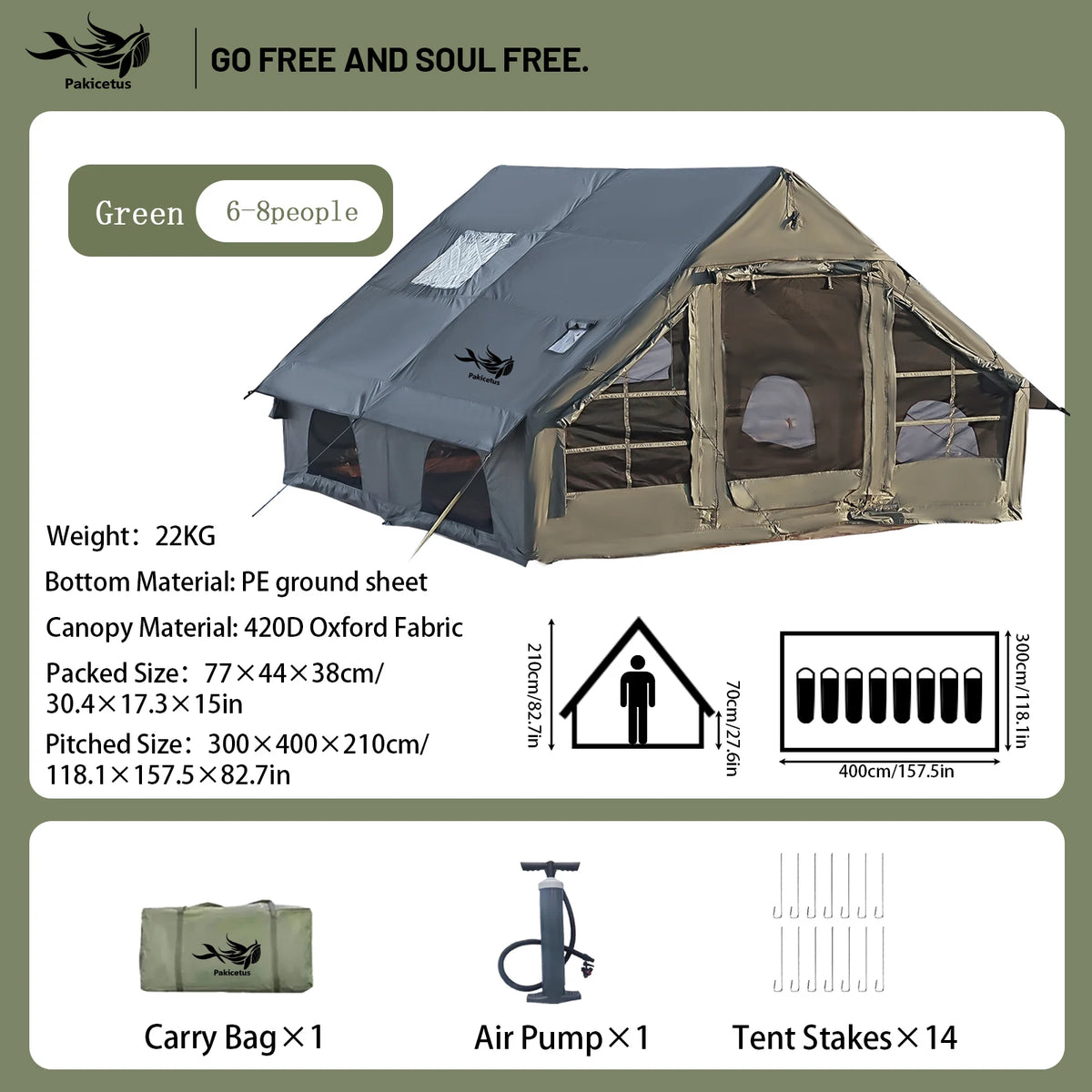 PAKICETUS Large Luxury Inflatable Glamping Tent with Manual Hand Pump, Easy Setup 4 Season Anti-Snow Spacious Family Shelter, Weatherproof Air Tent for Outdoor Camping, Backyard Party & Wilderness Adventure