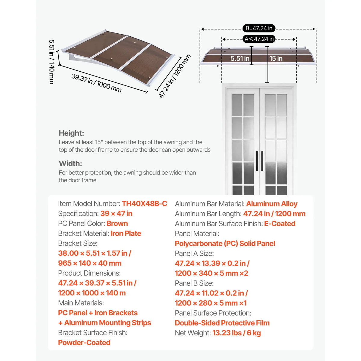 SucceBuy Awnings for Door Entrance Drainage & ABS Bracket Rain Snow Sun Protection Overhang Polycarbonate Door Canopy Gray/Brown