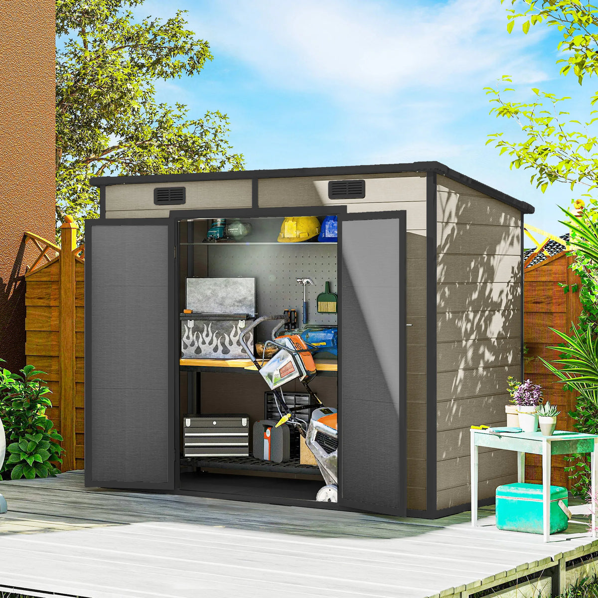 8' x 4' Outdoor Storage Shed, Resin Shed with Floor, Light Brown