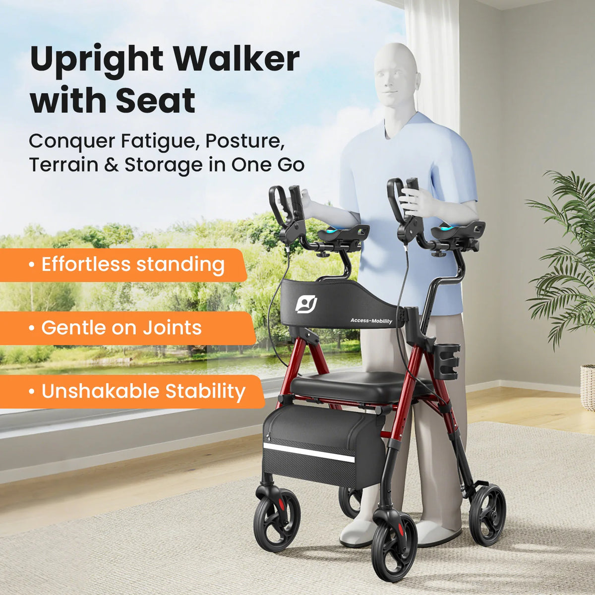 Upright Walker with PU Padded Seat and Backrest, Stand-Up Rollator for Seniors, Foldable Walker with Seat, Seat Size: 10*12