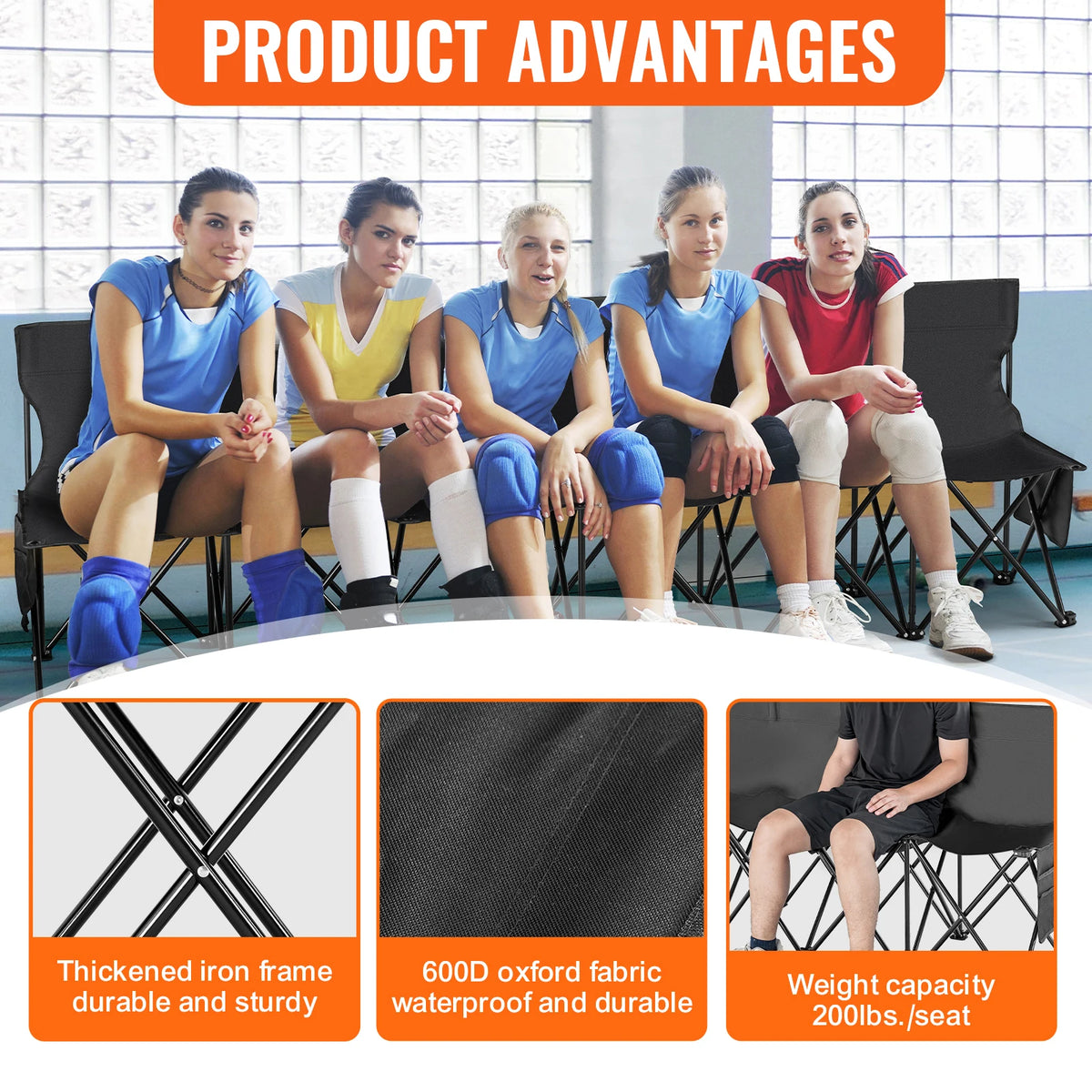 SucceBuy 6/8 Seat Foldable Sideline Bench Outdoor Camping Bench Chair with Bag & Backrest Team Sport Sideline Bench