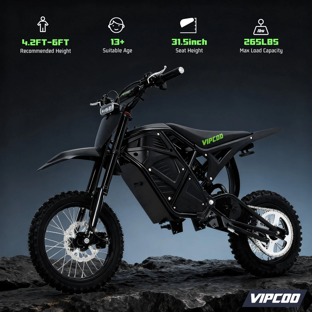 Electric Dirt Bike VIPCOO 3500W 48V23AH Electric Motorcycle Fat Tire Nitrogen Suspension E Dirt Bike for Teens and Adults