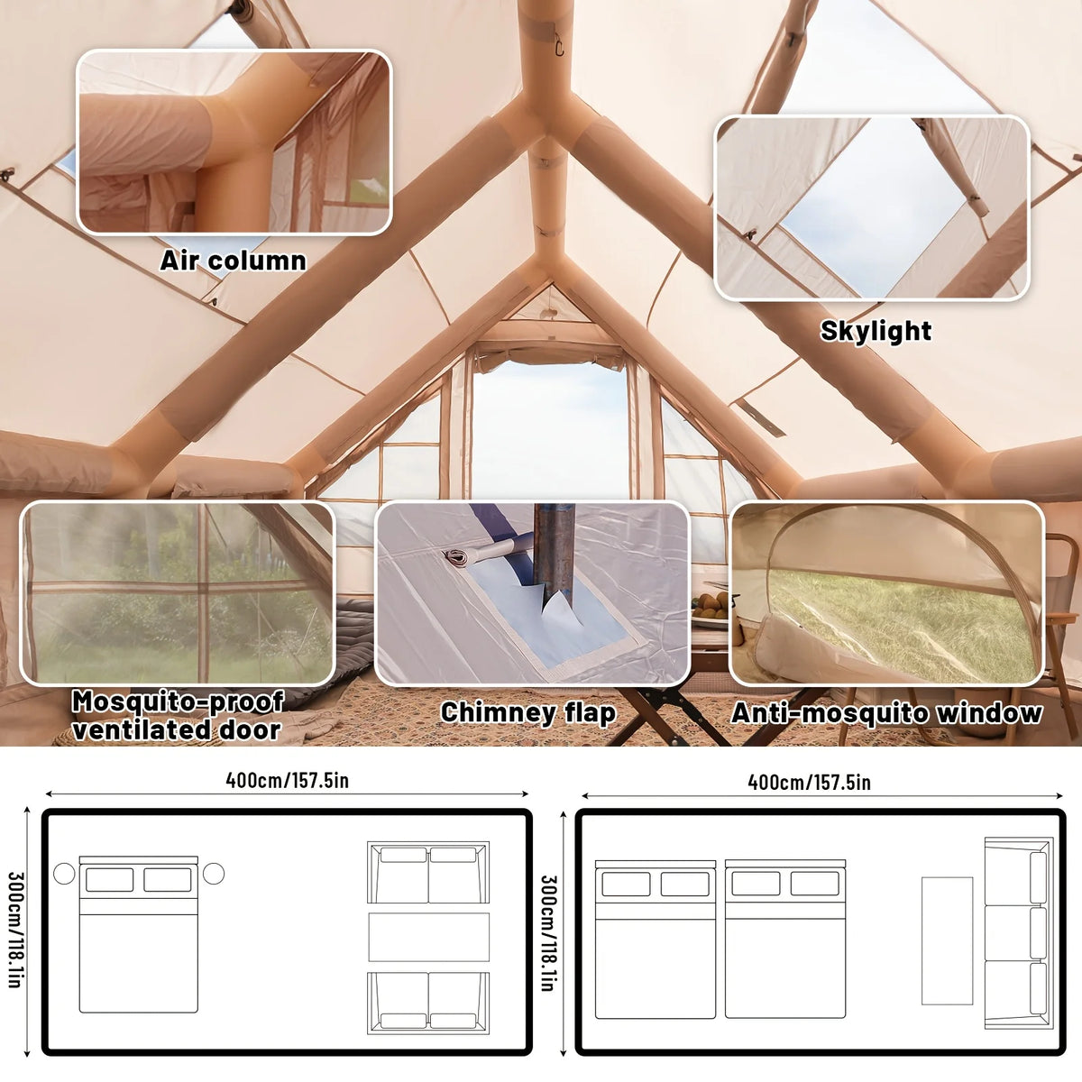 Inflatable Camping Tent With Skylight, Breathable Mesh And Quick Setup