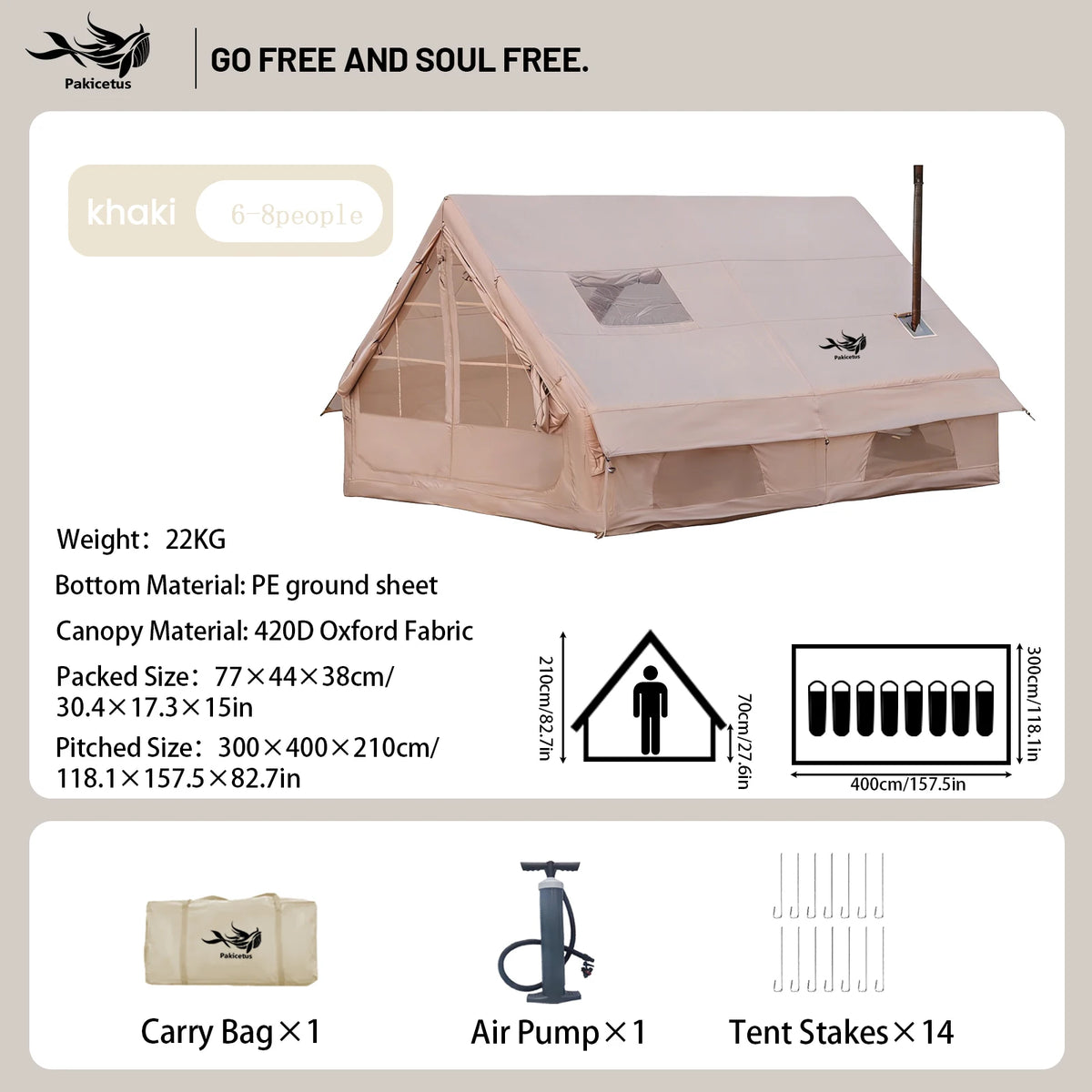 PAKICETUS Large Luxury Inflatable Glamping Tent with Manual Hand Pump, Easy Setup 4 Season Anti-Snow Spacious Family Shelter, Weatherproof Air Tent for Outdoor Camping, Backyard Party & Wilderness Adventure