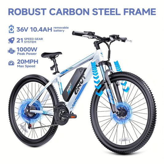 QNUT 26 Inch Adult Electric Mountain Bike, 21‑Speed Gears 1000W Peak Motor, 20MPH Max Speed E‑Bike, 36V 10.4Ah Removable Lithium Battery, Off‑Road & City Commuting Electric Bicycle for Men Women Daily Outdoor Riding