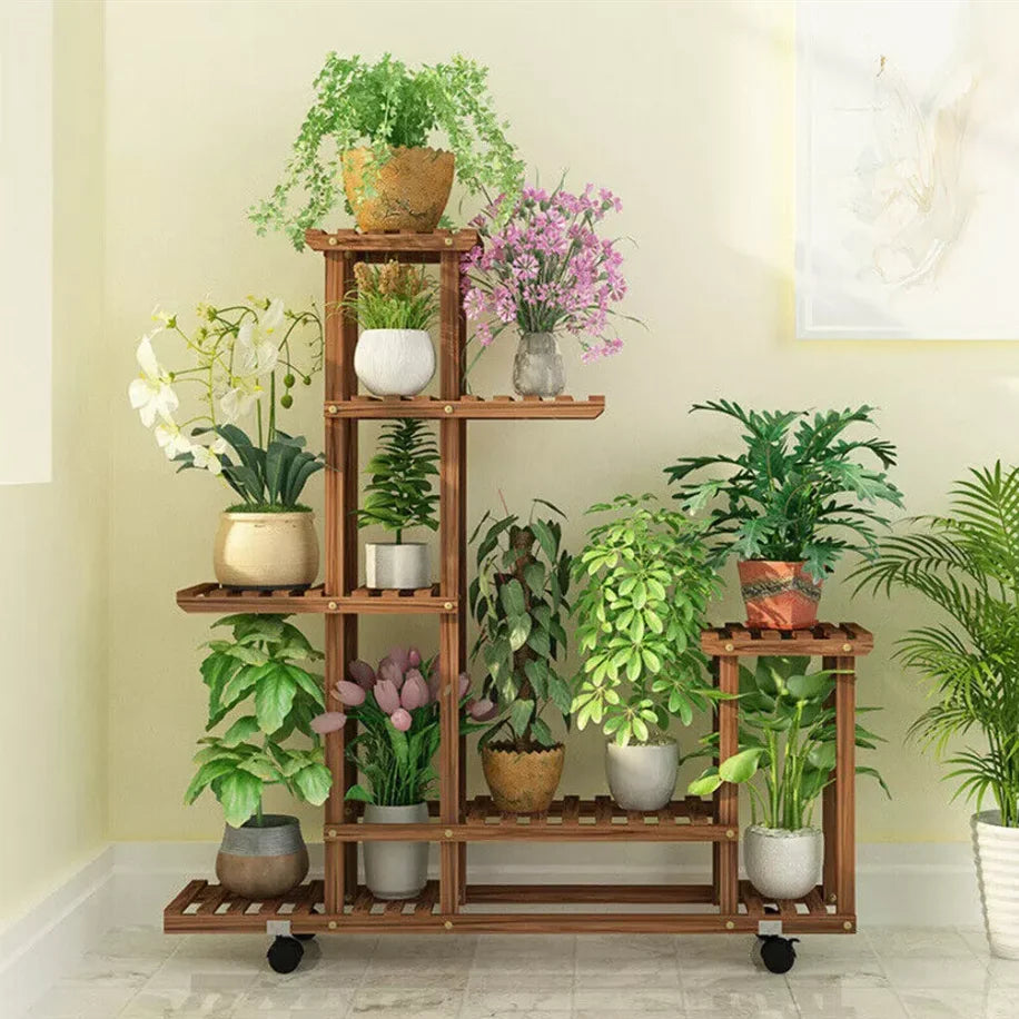 Wisfor Five Tier Wooden Plant Stand With Rolling Wheels